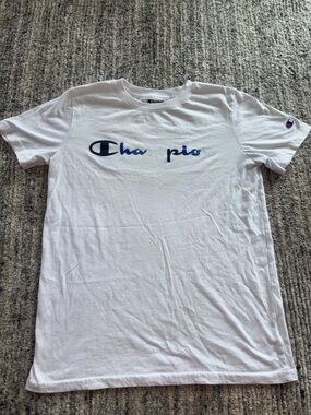 Champion White Tee with Navy and Teal Logo